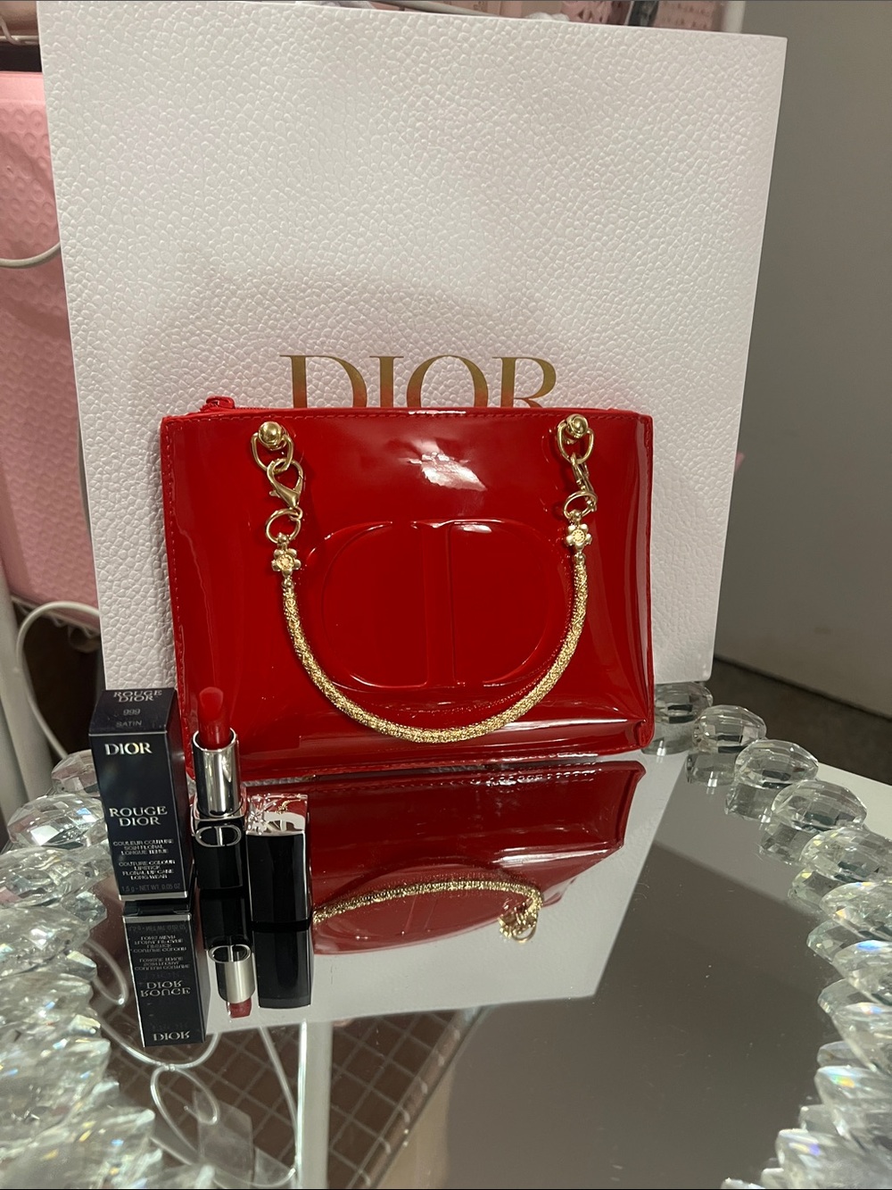 Dior Red Pouch with Gold Handles and Mini Deluxe 999 Rouge Red - Picture 2 of 6